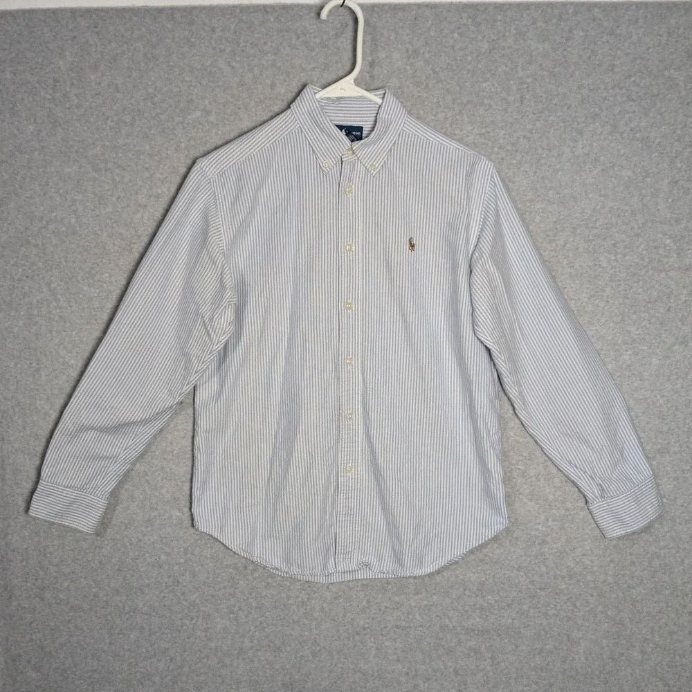 Ralph Lauren Boys Blue White Striped Oxford Button Down Shirt Size 14 Cotton